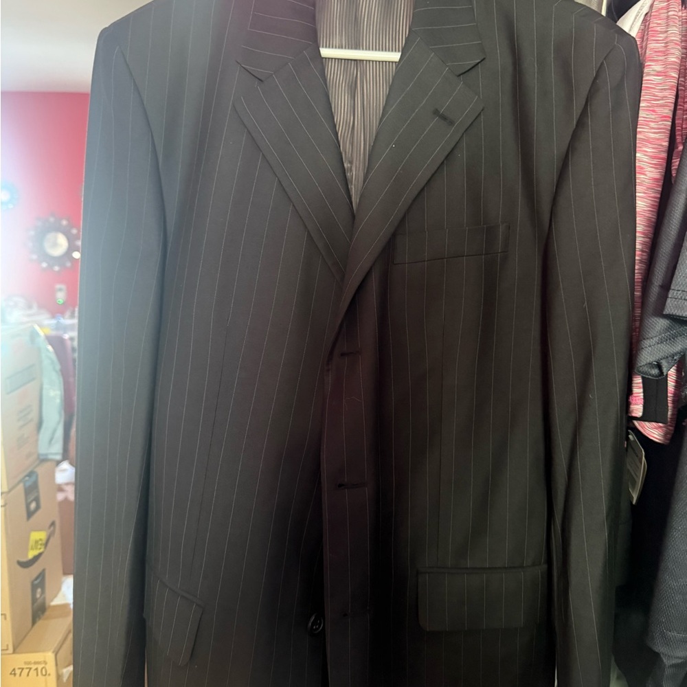 Men's Black Pinstripe Suit Classic Tailored Blazer